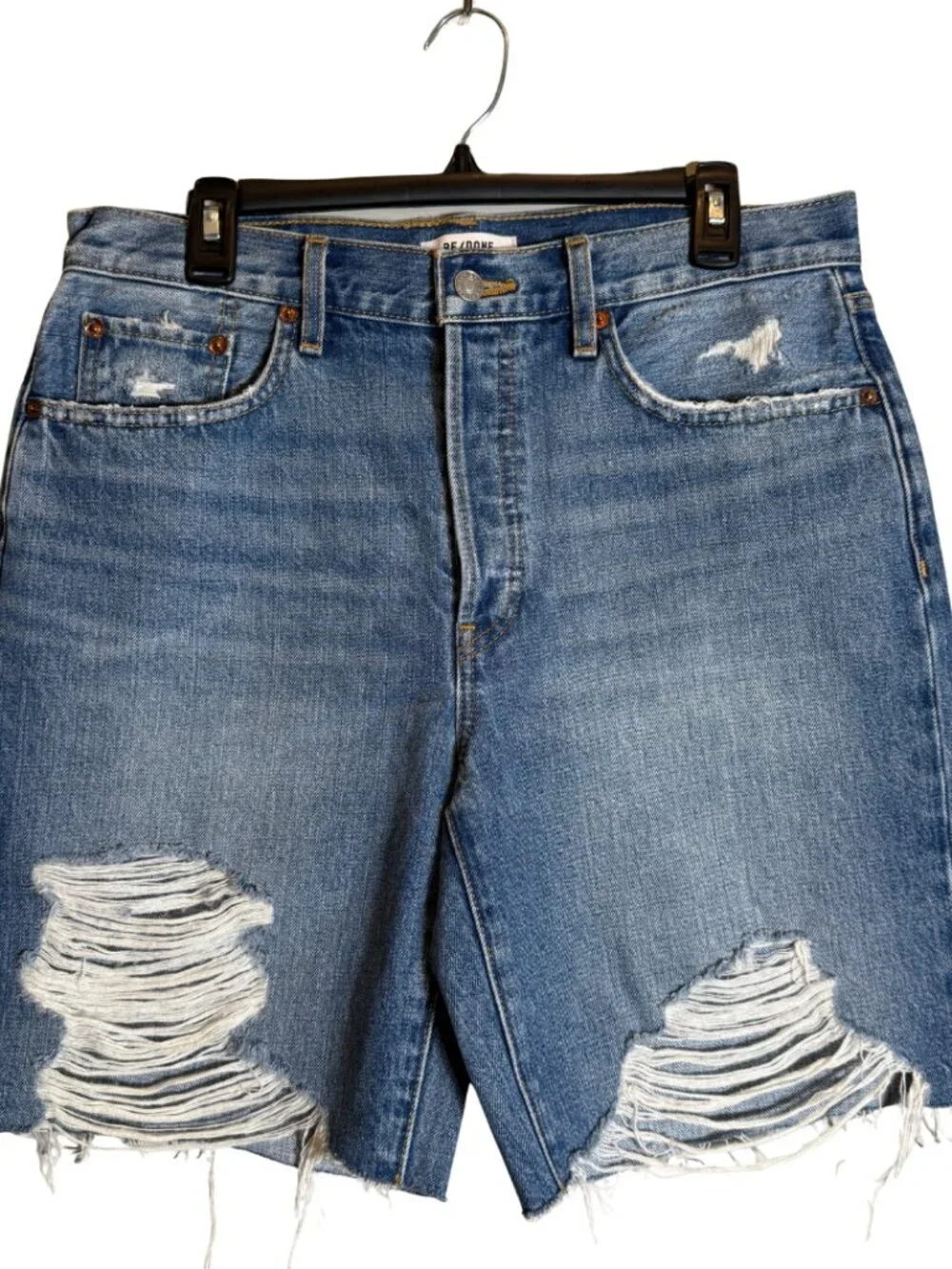 RE/DONE Loose Long Denim Jean Short Women's 27 Minerva Destroy Distressed NWOT